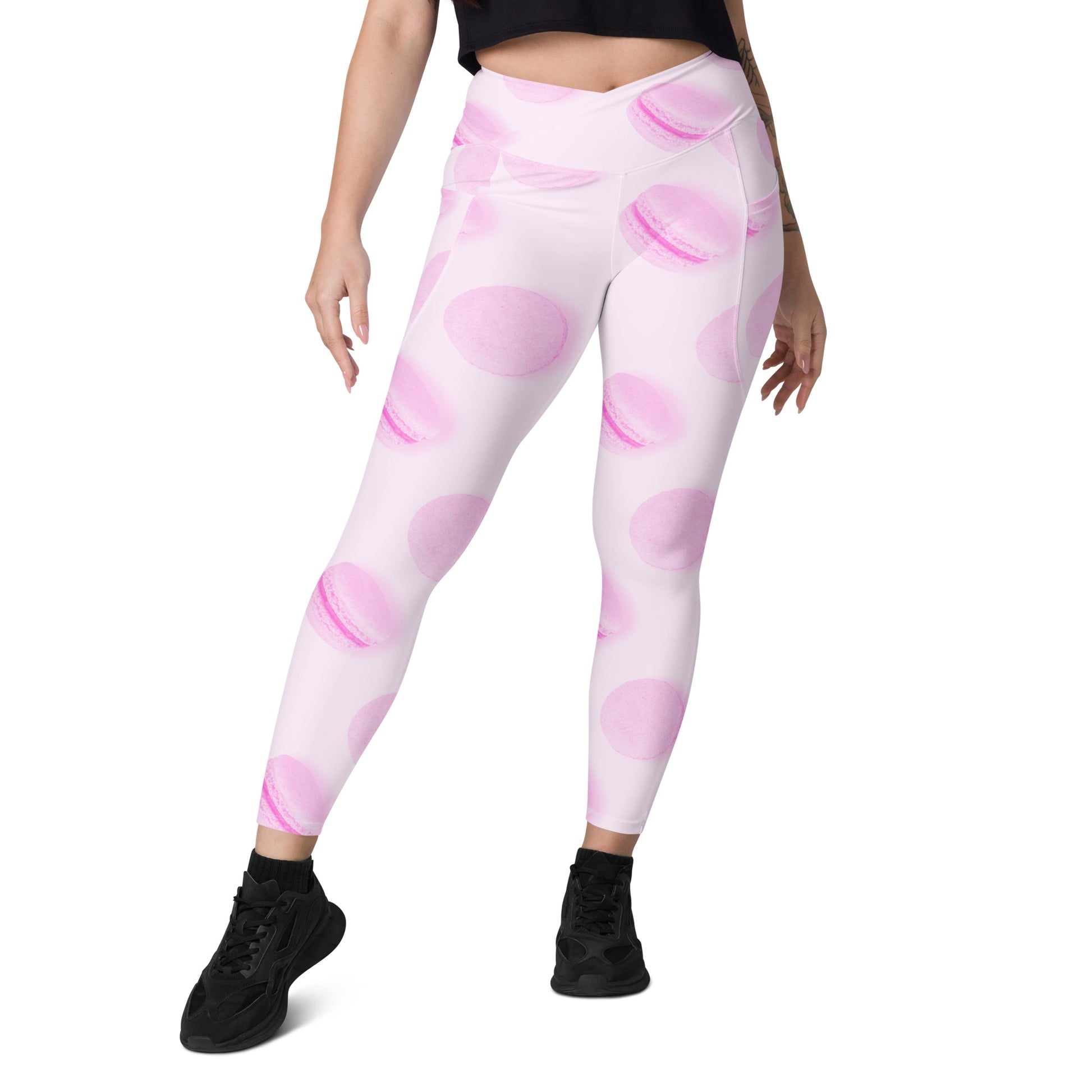 Rosé Macaron Women's Recycled Crossover Leggings With Pockets - FLAKOUT