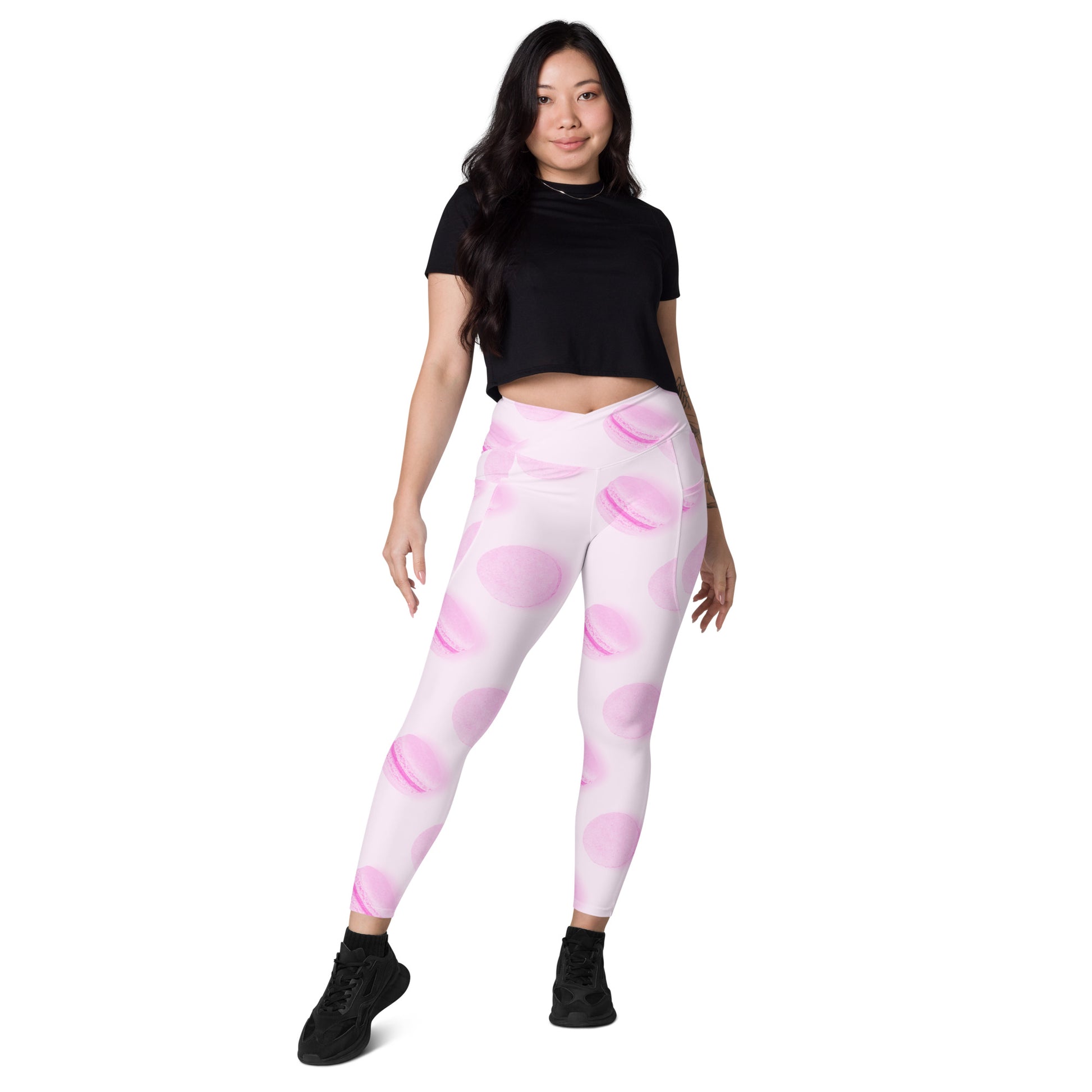 Rosé Macaron Women's Recycled Crossover Leggings With Pockets - FLAKOUT