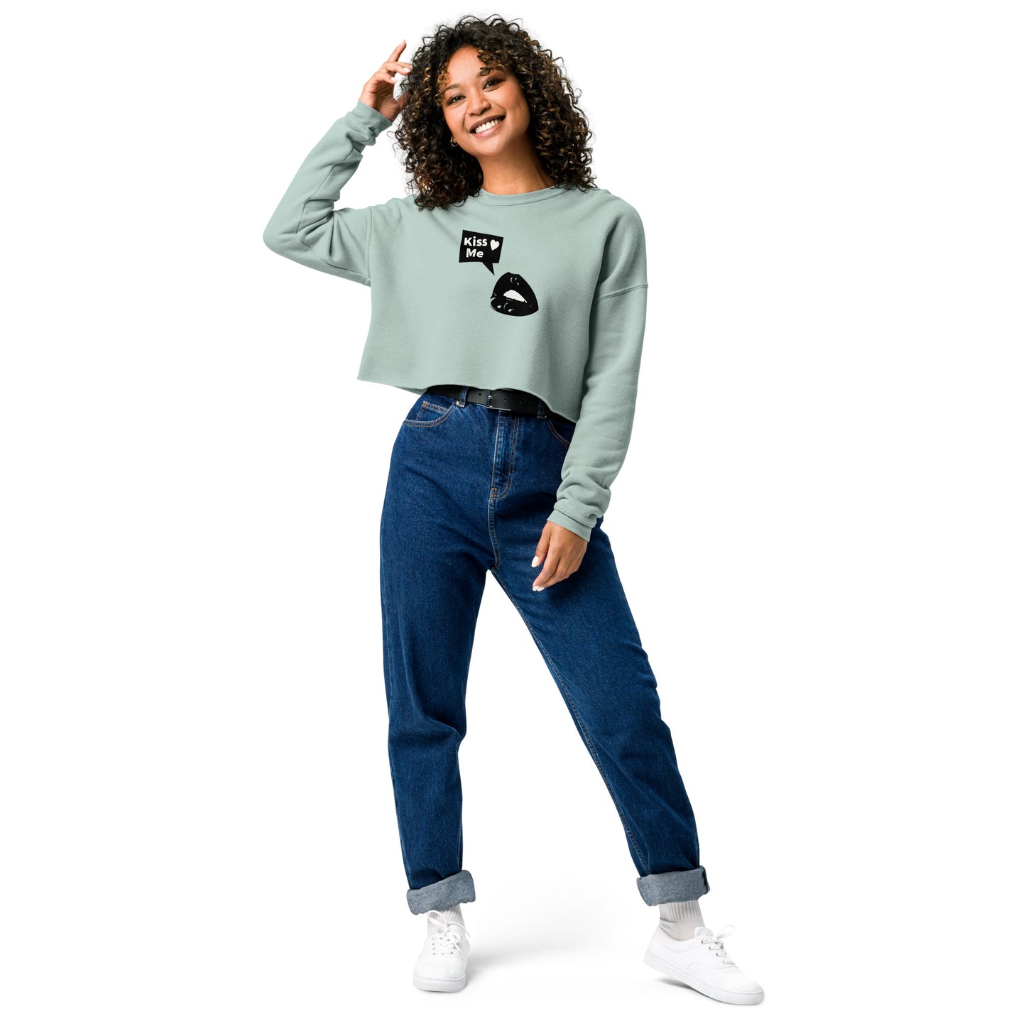 Sweet Talker Kiss Me Women's Crop Sweatshirt - Dusty Blue - FLAKOUT